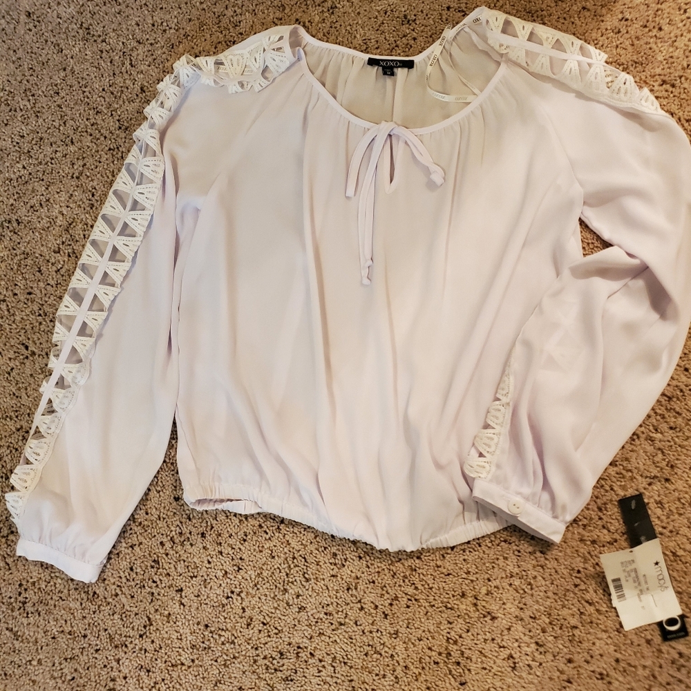 Women's XOXO brand White Blouse with Lace Detail NWT